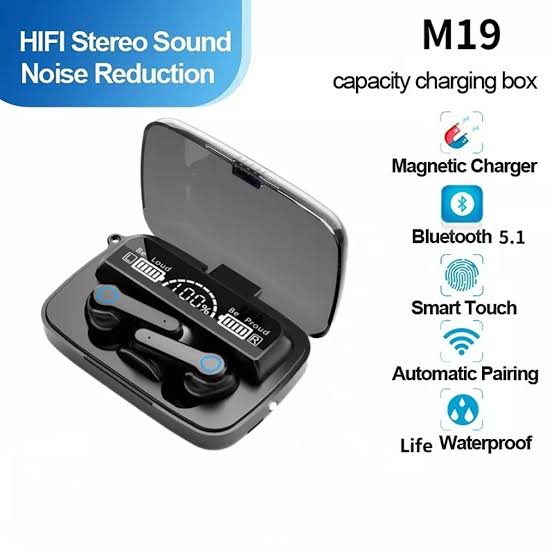 M19 Airpods TWS (True Wireless Stereo) Bluetooth Earphones Headset With HiFi Stereo Sound & Touch Control System (Connected With All Bluetooth Devices).