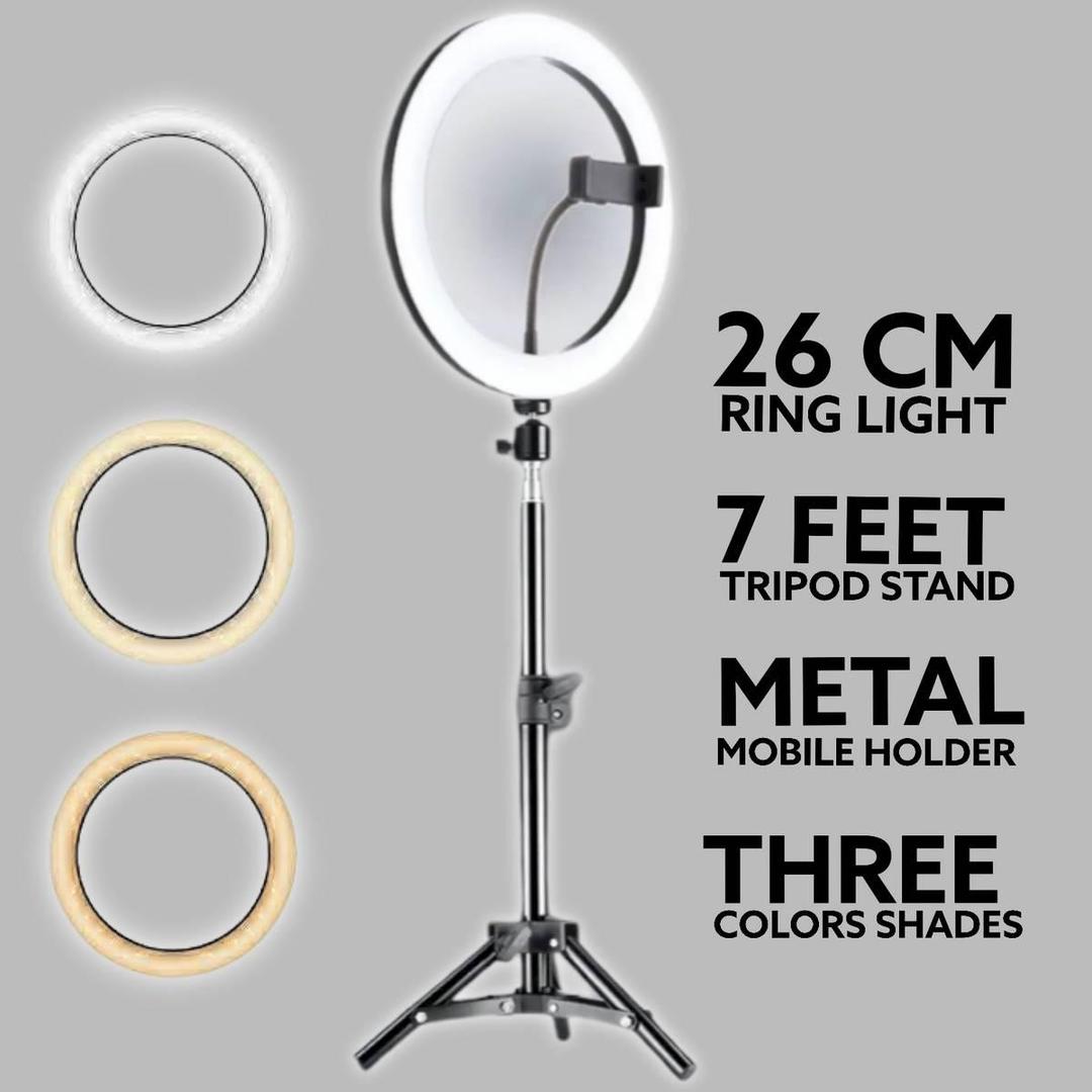 26cm Adjustable Ring Light with Phone Holder – 3 Color Modes for Video, Photography, and Studio Lighting